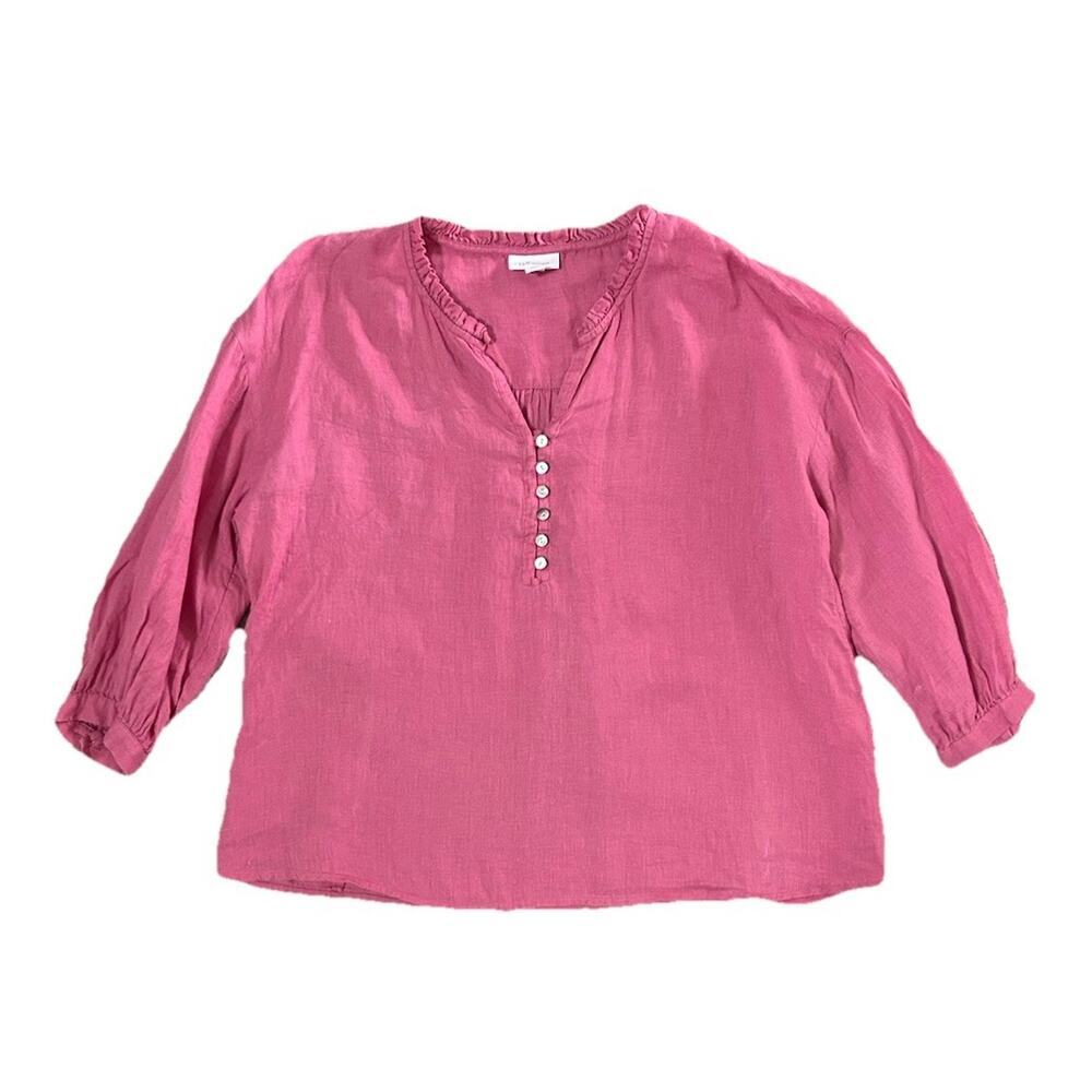 J Jill Love Linen Ruffle Neck Button Tunic Blouse 100% Linen Pink Women’s PS